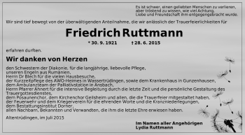 Traueranzeige von Friedrich Ruttmann von Dinkelsbühl/ Feuchtwangen