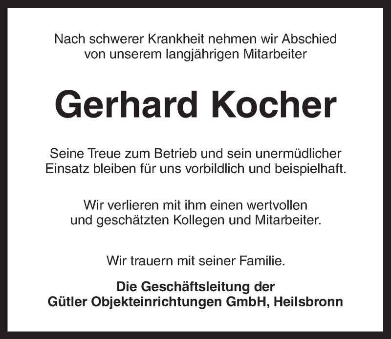  Traueranzeige für Gerhard Kocher vom 14.01.2015 aus Ansbach