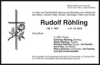 Traueranzeige von Rudolf Röhling von Dinkelsbühl/ Feuchtwangen