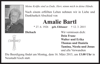 Traueranzeige von Amalie Bartl von Neustadt/ Scheinfeld/ Uffenheim