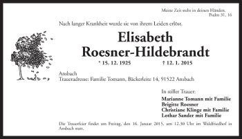 Traueranzeige von Elisabeth Roesner-Hildebrandt von Ansbach