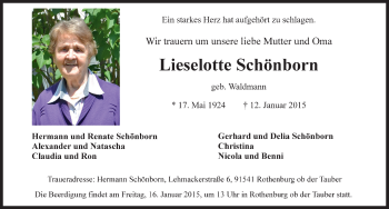 Traueranzeige von Lieselotte Schön von Rothenburg
