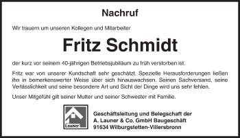 Traueranzeige von Fritz Schmidt von Dinkelsbühl/ Feuchtwangen