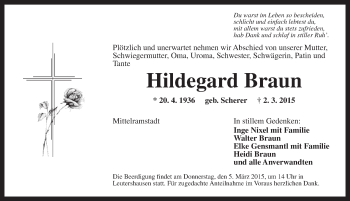 Traueranzeige von Hildegard Braun von Ansbach