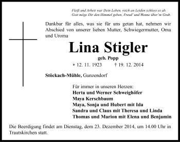 Traueranzeige von Lina Stigler von Neustadt/ Scheinfeld/ Uffenheim