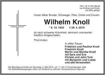 Traueranzeige von Wilhelm Knoll von Dinkelsbühl/ Feuchtwangen