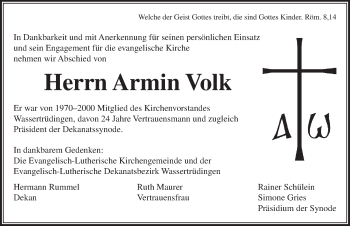Traueranzeige von Armin Volk von Dinkelsbühl/ Feuchtwangen