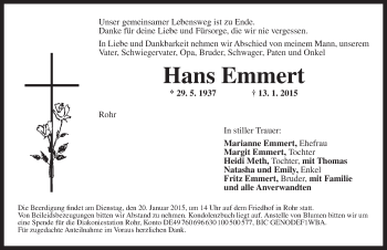 Traueranzeige von Hans Emmert von Ansbach