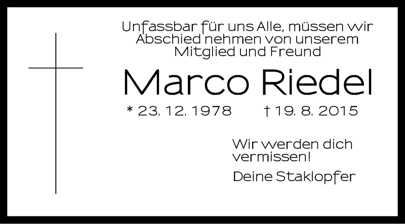  Traueranzeige für Marco Riedel vom 25.08.2015 aus Neustadt/ Scheinfeld/ Uffenheim