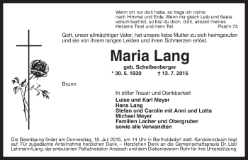 Traueranzeige von Maria Lang von Ansbach