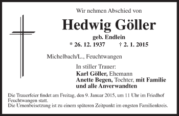 Traueranzeige von Hedwig Göller von Dinkelsbühl/ Feuchtwangen