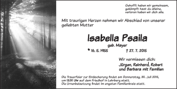 Traueranzeige von Isabella Psaila von Ansbach