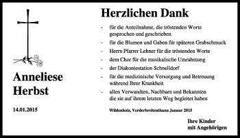 Traueranzeige von Anneliese Herbst von Dinkelsbühl/ Feuchtwangen