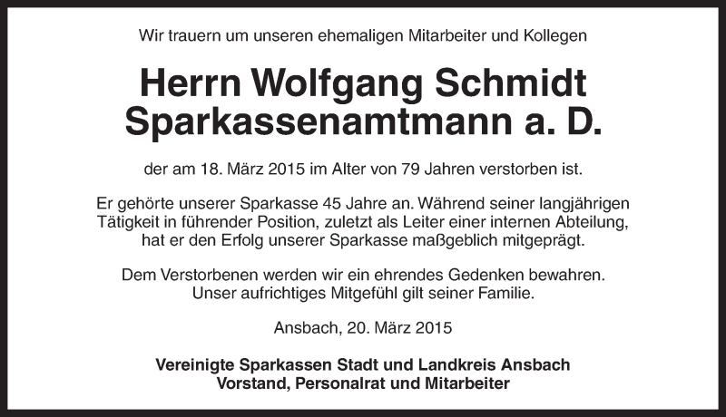  Traueranzeige für Wolfgang Schmidt vom 26.03.2015 aus Ansbach