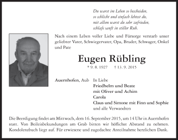 Traueranzeige von Eugen Rübling von Neustadt/ Scheinfeld/ Uffenheim