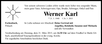 Traueranzeige von Werner Karl von Neustadt/ Scheinfeld/ Uffenheim