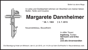 Traueranzeige von Margarete Dannheimer von Ansbach