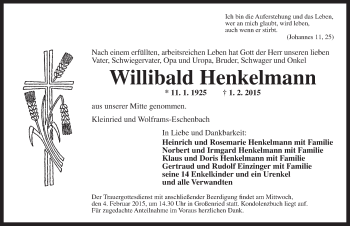 Traueranzeige von Willibald Henkelmann von Ansbach