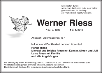Traueranzeige von Werner Riess von Ansbach