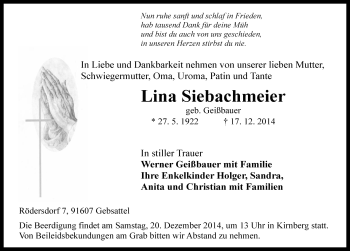 Traueranzeige von Lina Siebachmeier von Rothenburg