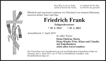 Traueranzeige von Friedrich Frank von Dinkelsbühl/ Feuchtwangen