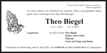 Traueranzeige von Theo Biegel von Neustadt/ Scheinfeld/ Uffenheim