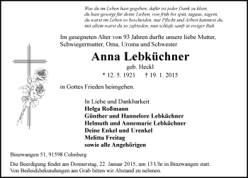 Traueranzeige von Anna Lebküchner von Ansbach