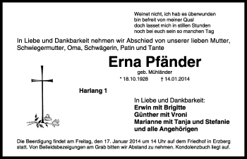 Traueranzeige von Erna Pfänder von Rothenburg