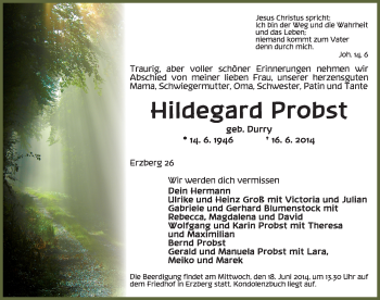 Traueranzeige von Hildegard Probst von Rothenburg