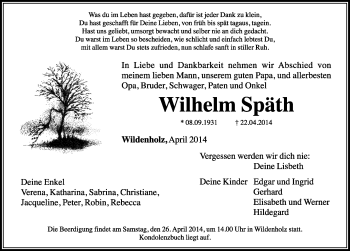 Traueranzeige von Wilhelm Späth von Rothenburg