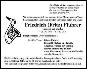 Traueranzeige von Friedrich Fluhrer von Rothenburg