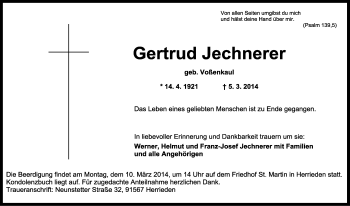 Traueranzeige von Gertrud Jechnerer von Rothenburg
