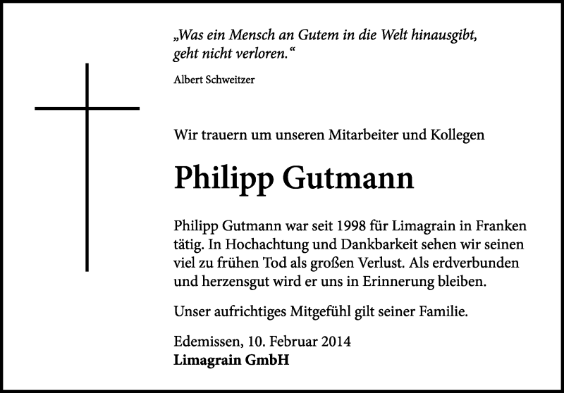  Traueranzeige für Philipp Gutmann vom 13.02.2014 aus Fränkische Landeszeitung