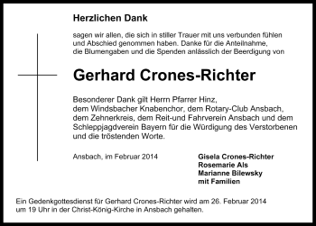 Traueranzeige von Gerhard Crones-Richter von Rothenburg
