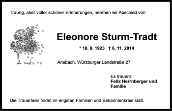 Traueranzeige von Eleonore Sturm-Tradt von Rothenburg