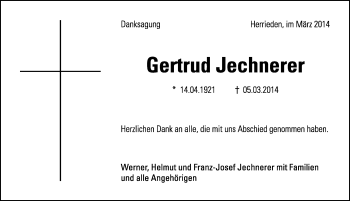 Traueranzeige von Gertrud Jechnerer von Rothenburg