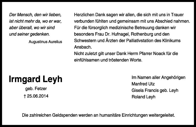  Traueranzeige für Irmgard Leyh vom 05.07.2014 aus Rothenburg