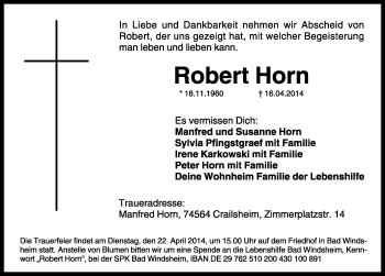 Traueranzeige von Robert Horn von Rothenburg