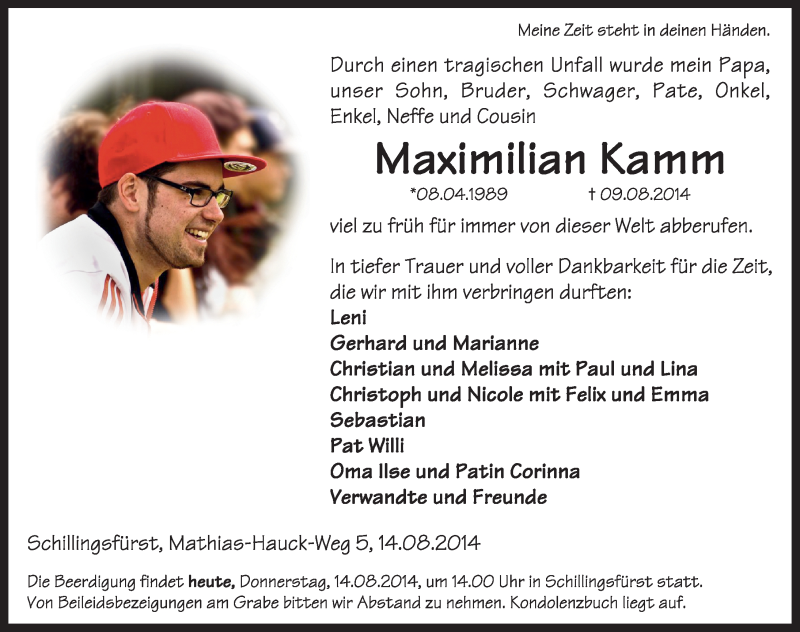  Traueranzeige für Maximilian Kamm vom 14.08.2014 aus Rothenburg