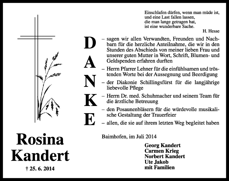  Traueranzeige für Rosina Kandert vom 11.07.2014 aus Rothenburg