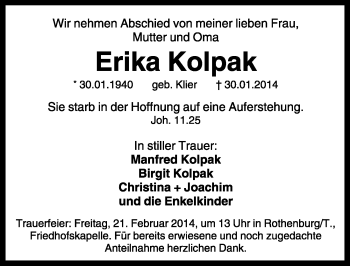 Traueranzeige von Erika Kolpak von Rothenburg