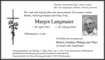 Traueranzeige von Margot Langmaier von Rothenburg