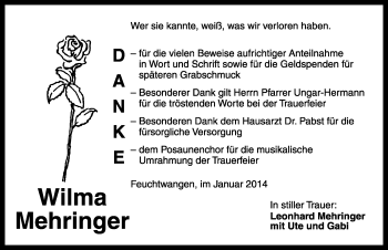 Traueranzeige von Wilma Mehringer von Rothenburg