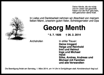 Traueranzeige von Georg Menth von Rothenburg