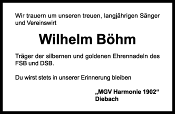 Traueranzeige von Wilhelm Böhm von Rothenburg