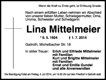 Traueranzeige von Lina Mittelmeier von Rothenburg