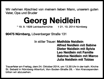 Traueranzeige von Georg Neidlein von Rothenburg