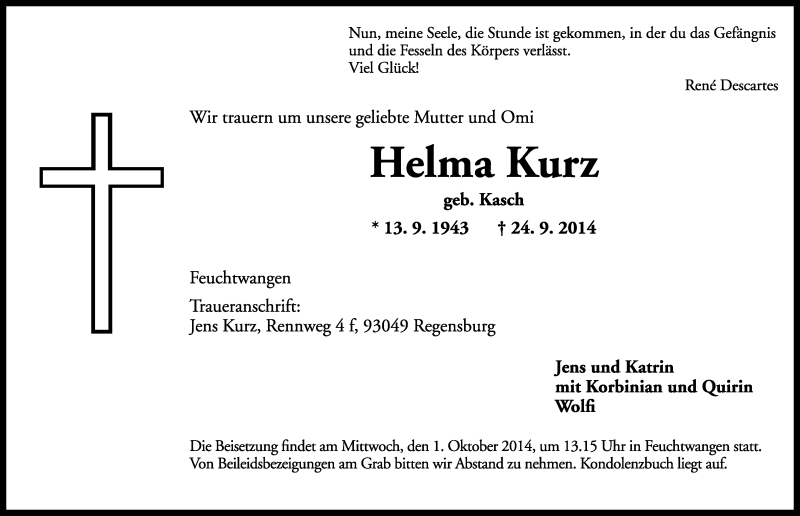  Traueranzeige für Helma Kurz vom 29.09.2014 aus Rothenburg
