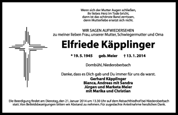 Traueranzeige von Elfriede Käpplinger von Rothenburg