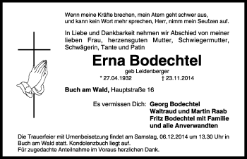 Traueranzeige von Erna Bodechtel von Rothenburg